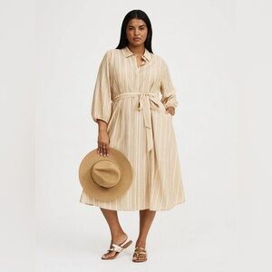 TORRID Collared Tie-Front Button Front Midi Shirt Dress Camel White 2X